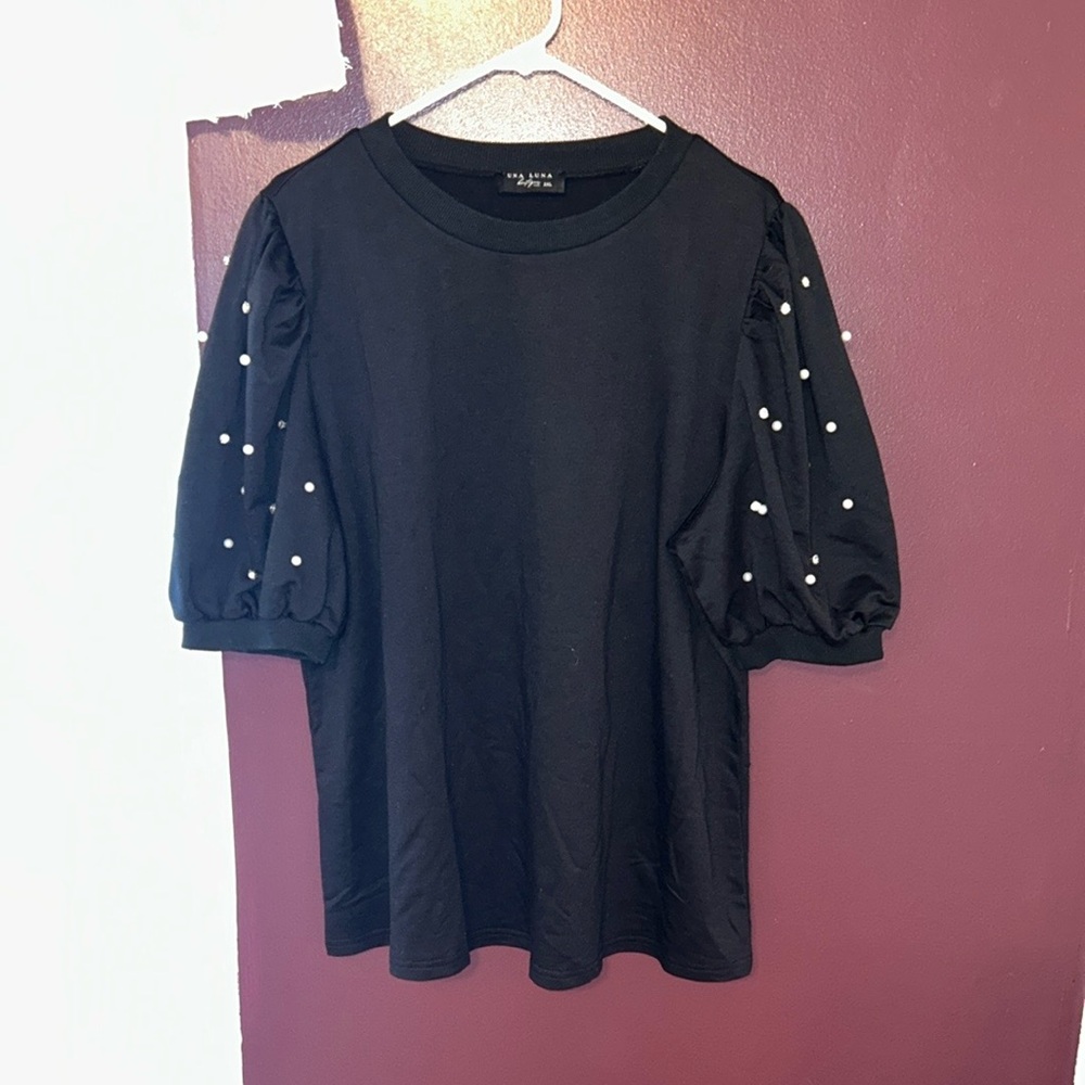Zara Black and Blue Puff Sleeve T-Shirt